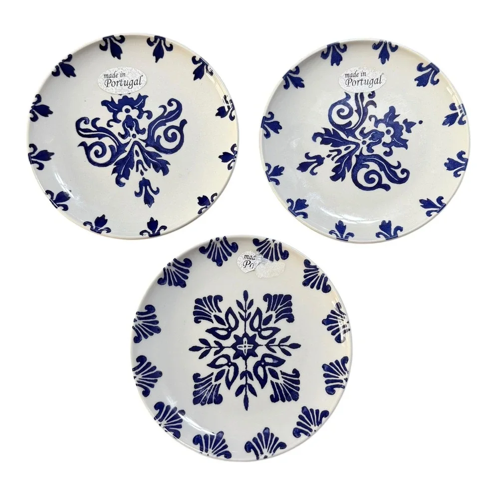 CMG Hand Made in Portugal Blue White Ceramic Appetizer Plates Set of 3 6.5